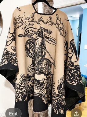 Burberry Prorsum Reversible Knight Print Poncho Cape Shawl One Size Beige/Black